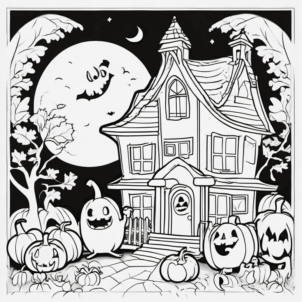 Cute little haunted house with a smiling moon, friendly ghosts, and pumpkins in