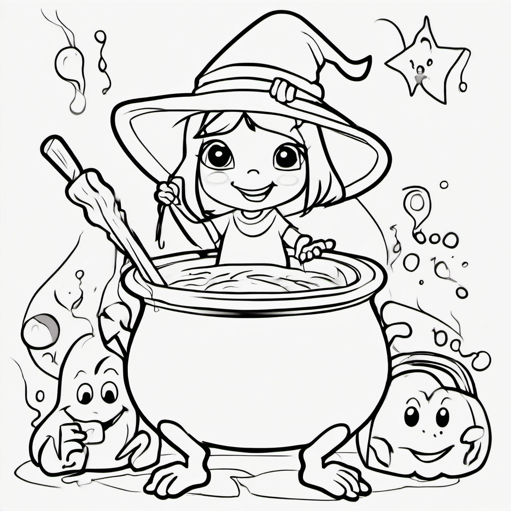 Cute little witch stirring a bubbling potion in a large cauldron, with a friendl