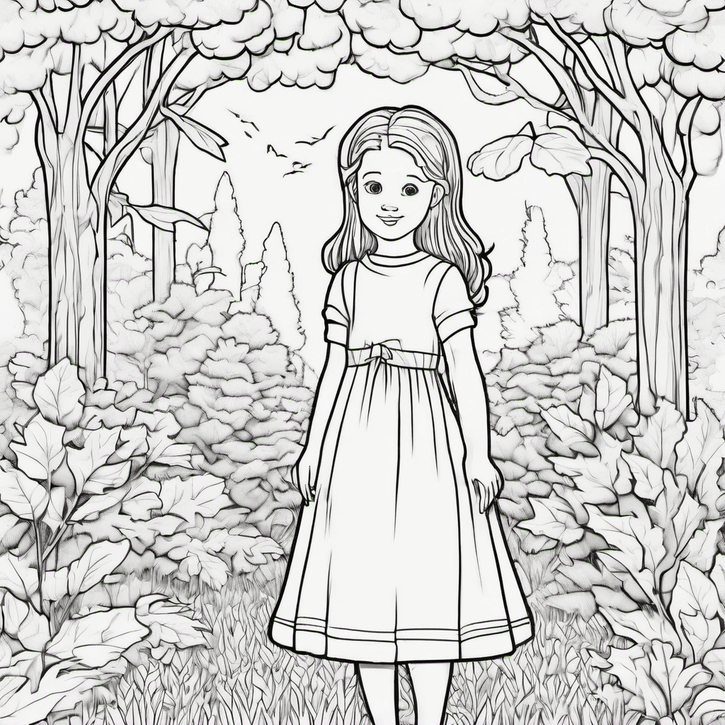 Create a coloring page of a girl in a garden wearing an autumn-colored dress, su