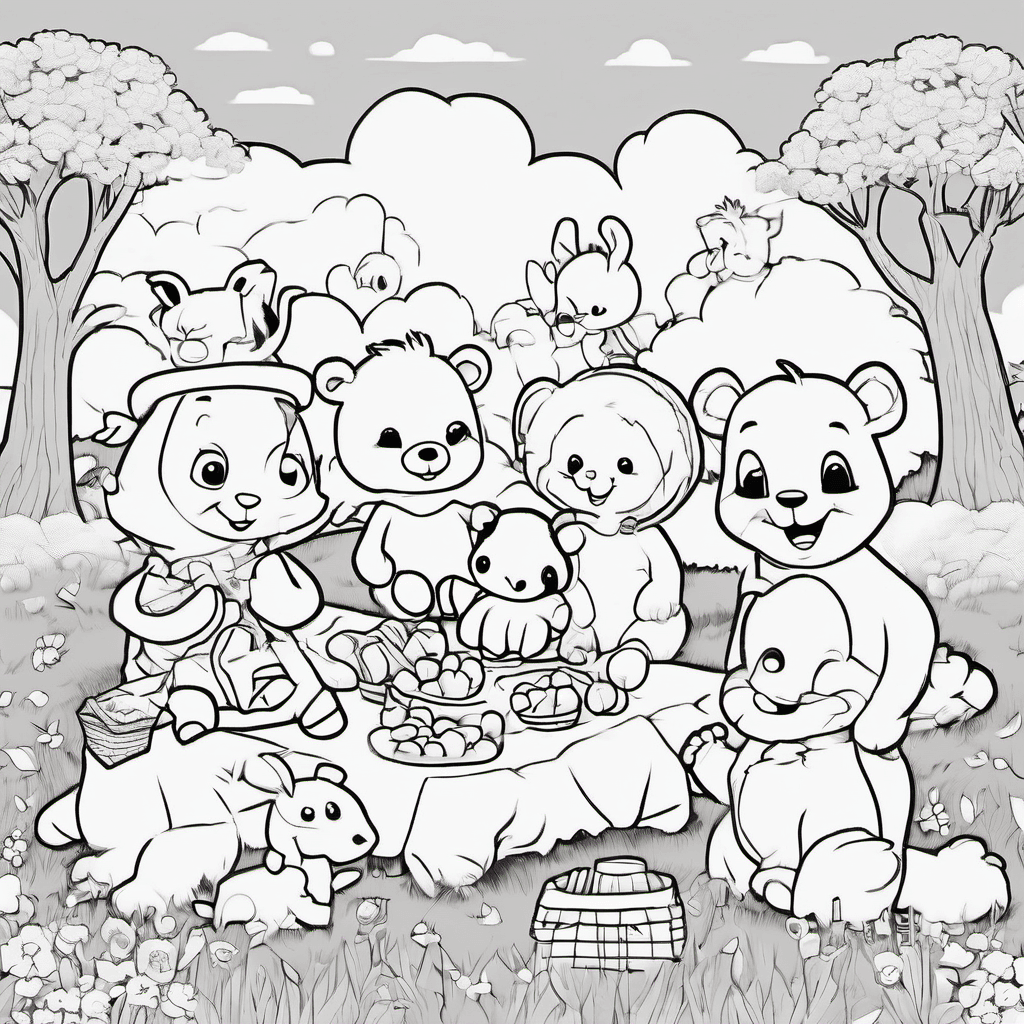Cute group of baby animals having a cheerful picnic in a simple meadow, baby pan