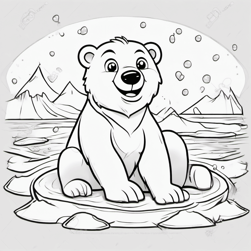 Cute baby polar bear sitting happily on a simple ice floe, fluffy round body, sm