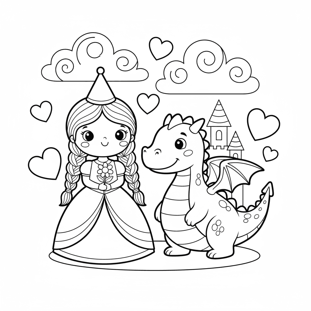 Cute Princess with a friendly dragon, children's coloring book page, adorable fa