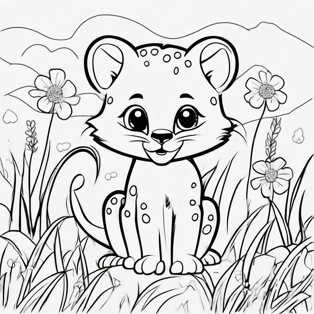 Cute baby cheetah sitting happily in a simple grassy savanna, round face, big fr