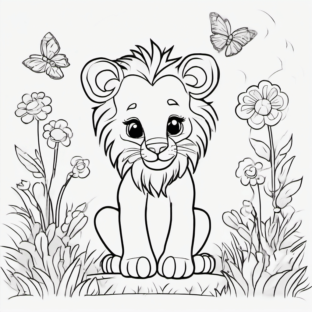 Black and white coloring book page for kids: a cute baby lion sitting in a garde