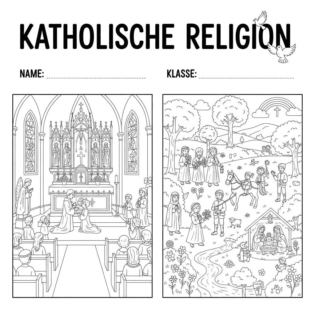 Erstelle ein Deckblatt für eine Religionsmappe, in der Kinder auch Name und Klas