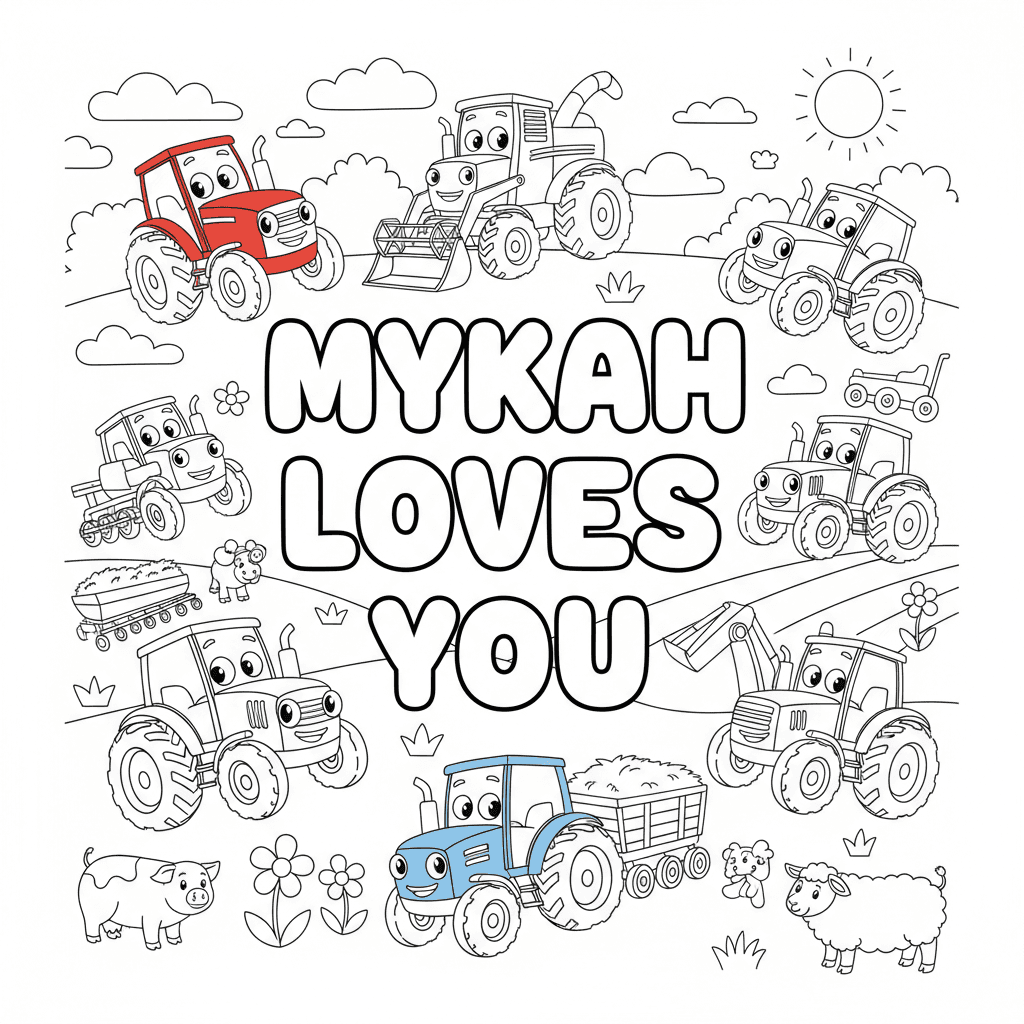 Draw me a coloring page for a 3-year-old with Mykah loves you in bubble letters 