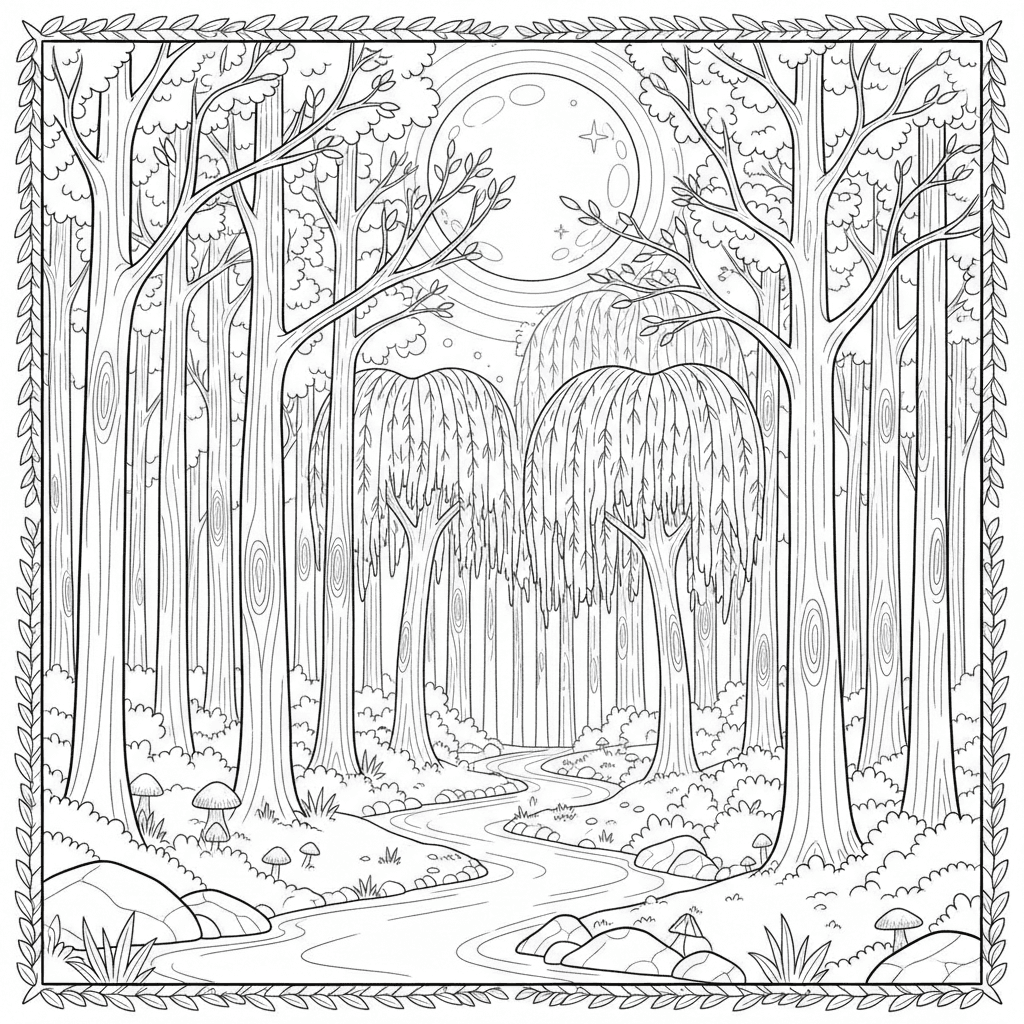 Wald hochkant soll aussehen wie selbst gezeichnet. zum ausmalen. wald soll aus e