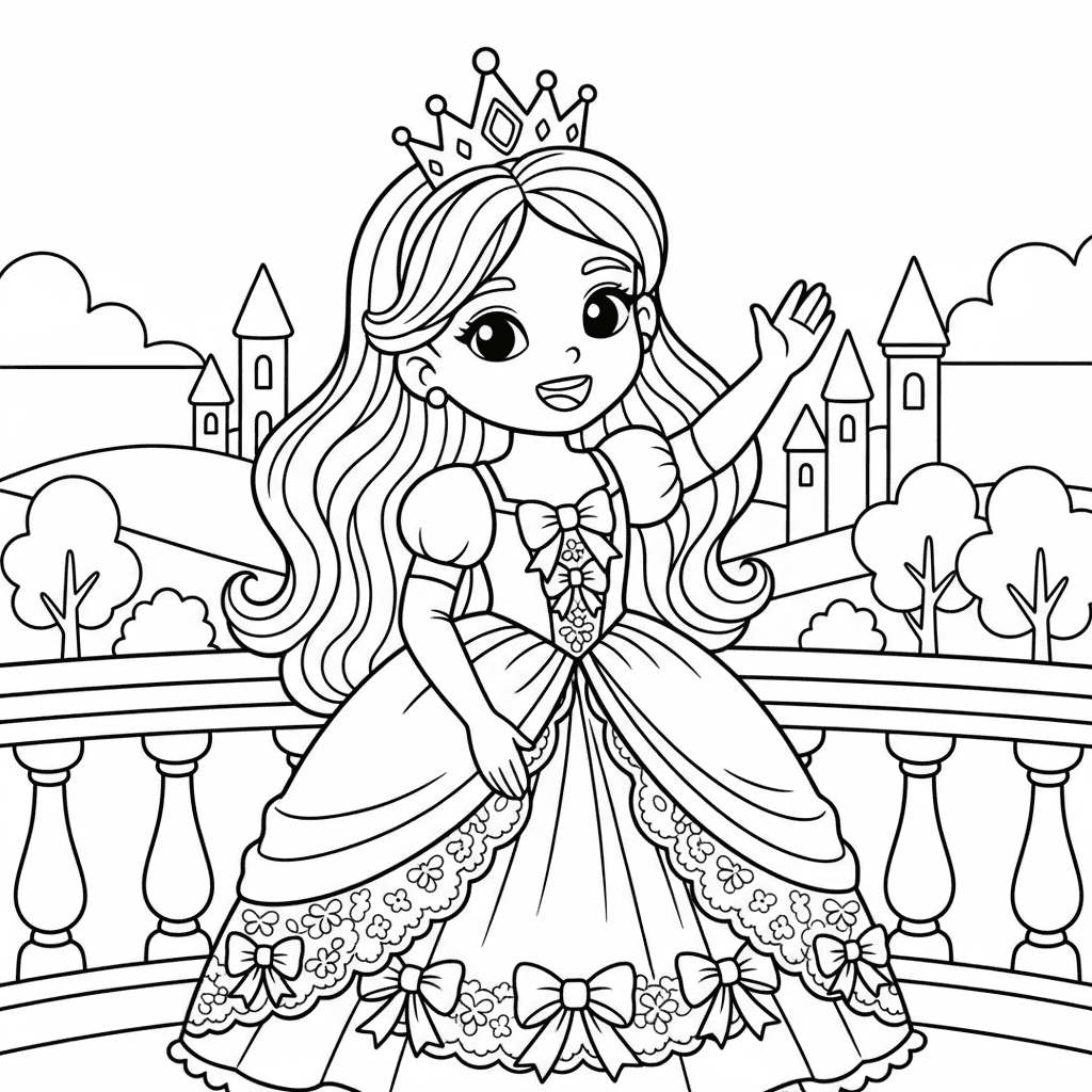 A cute little princess with long wavy hair, wearing a beautiful royal gown decor