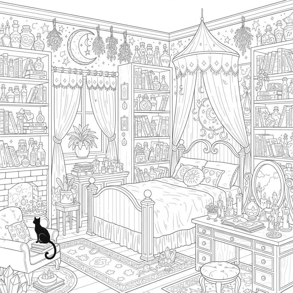 Witch's bedroom Cozy magical witch bedroom filled with books, potion bottles, ha