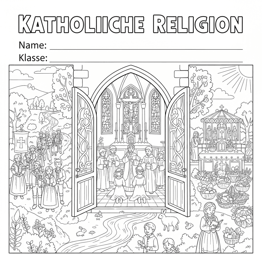 Erstelle ein Deckblatt für eine Religionsmappe, in der Kinder auch Name und Klas