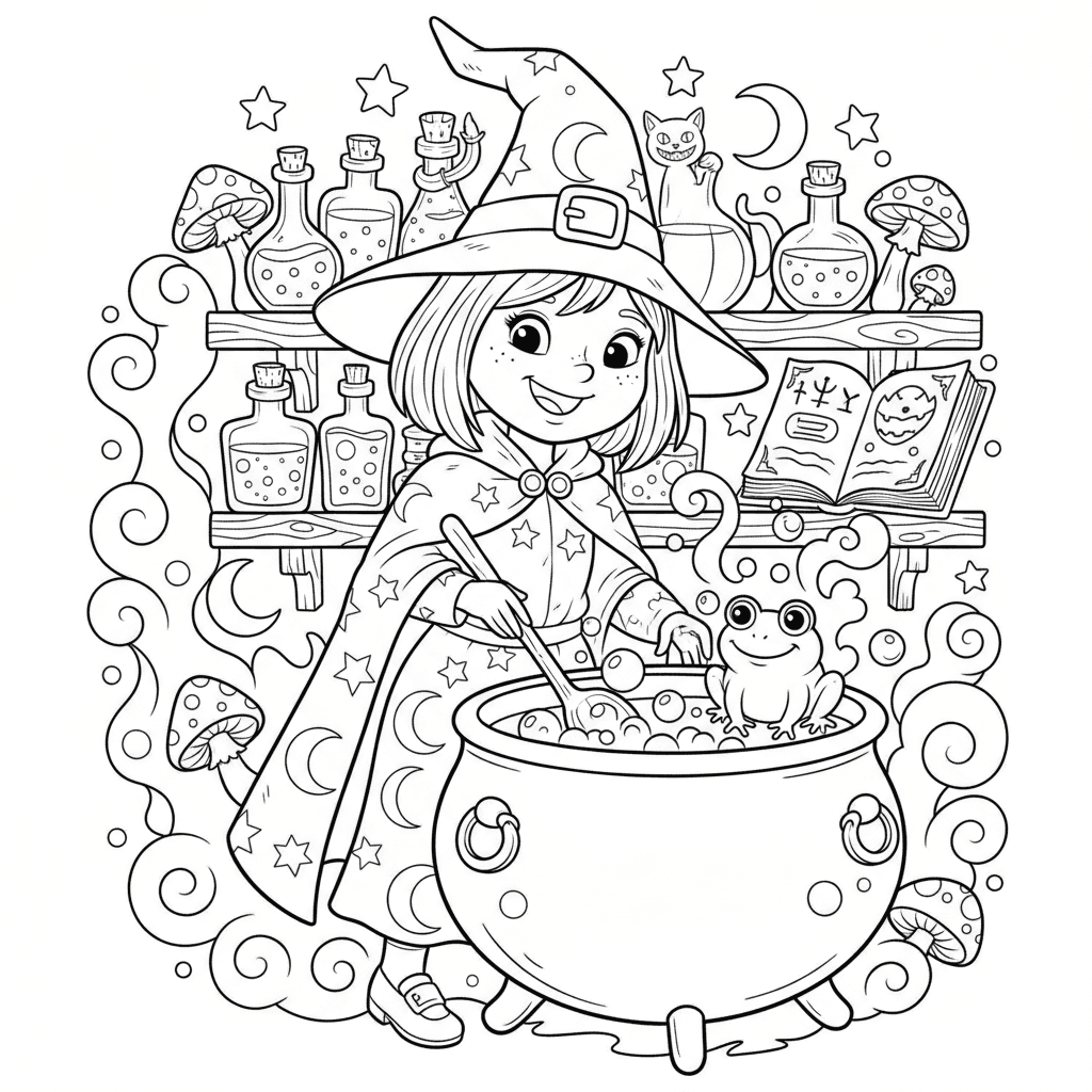 Cute witch stirring a cauldron