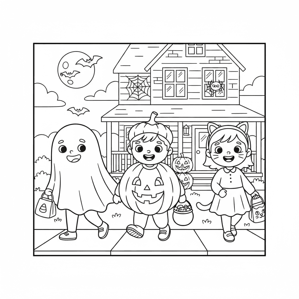Trick-or-treat kids in costumes