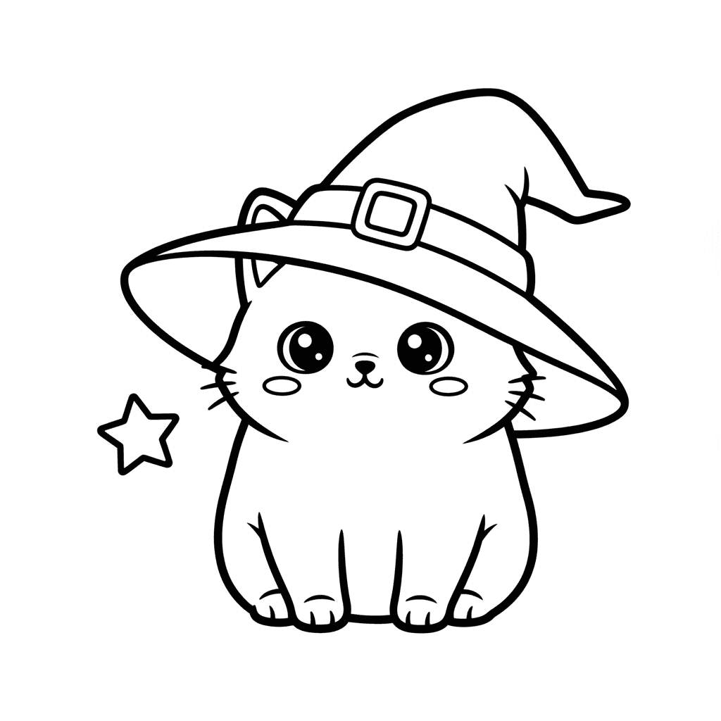 Kawaii black cat in a witch hat