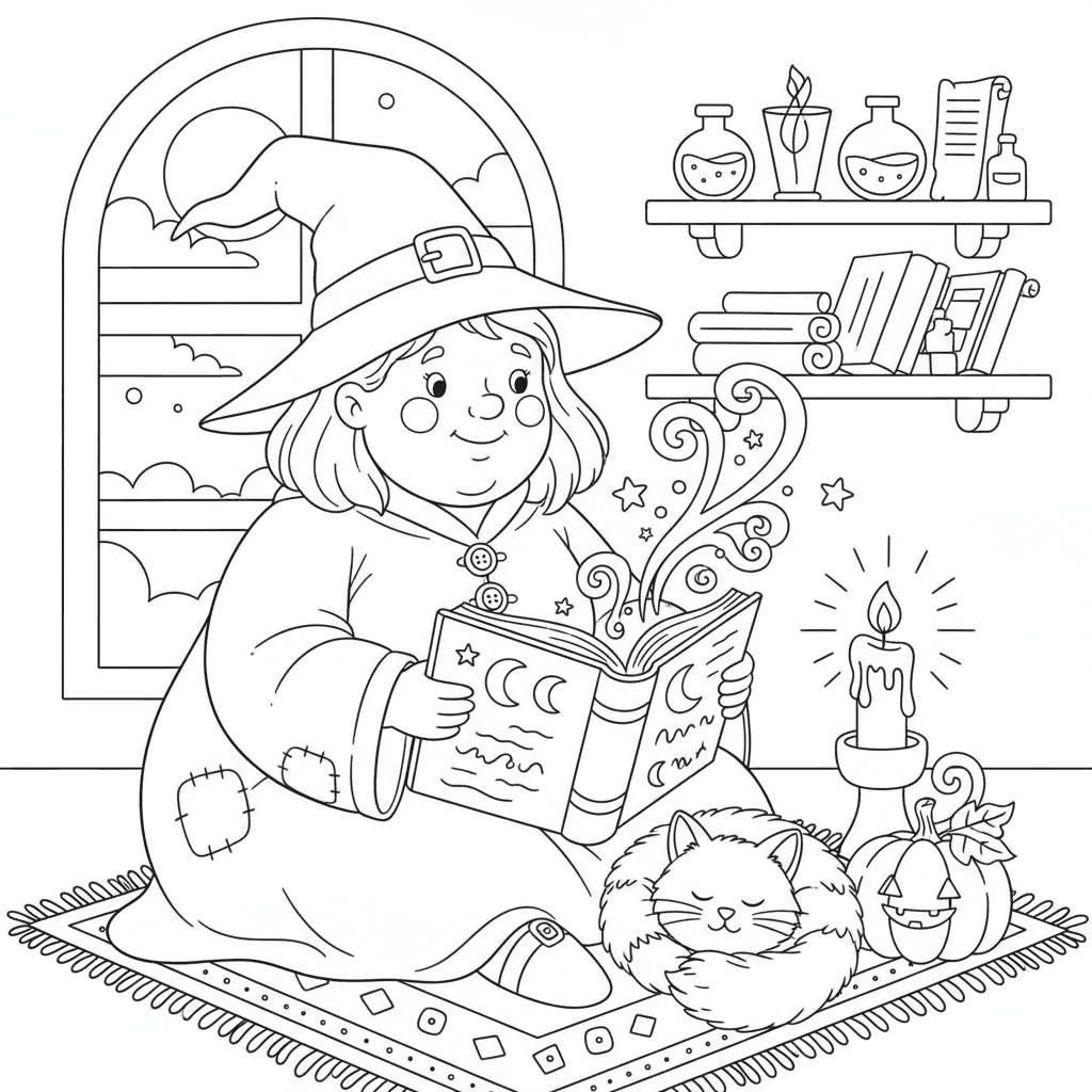 Young witch reading a spell book