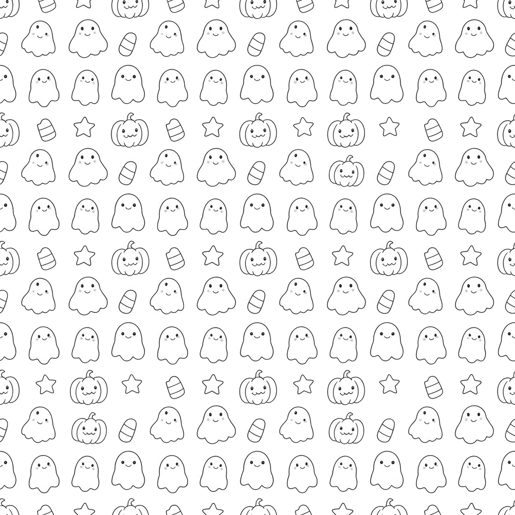 Kawaii Halloween pattern with ghosts, bats and candy