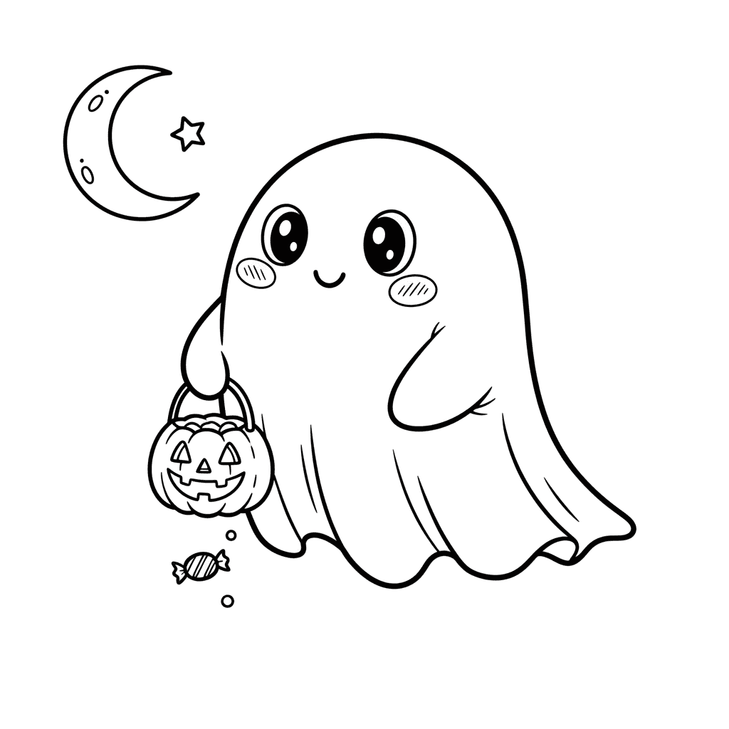 Friendly ghost with a trick-or-treat bag