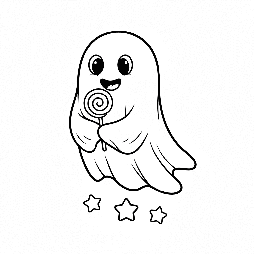 Smiling little ghost with a lollipop