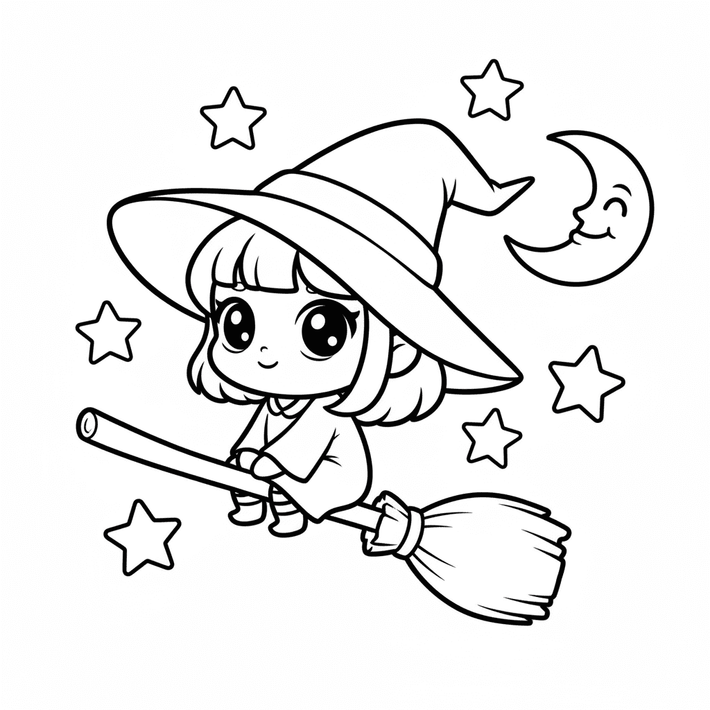 Kawaii witch flying on a broom with stars