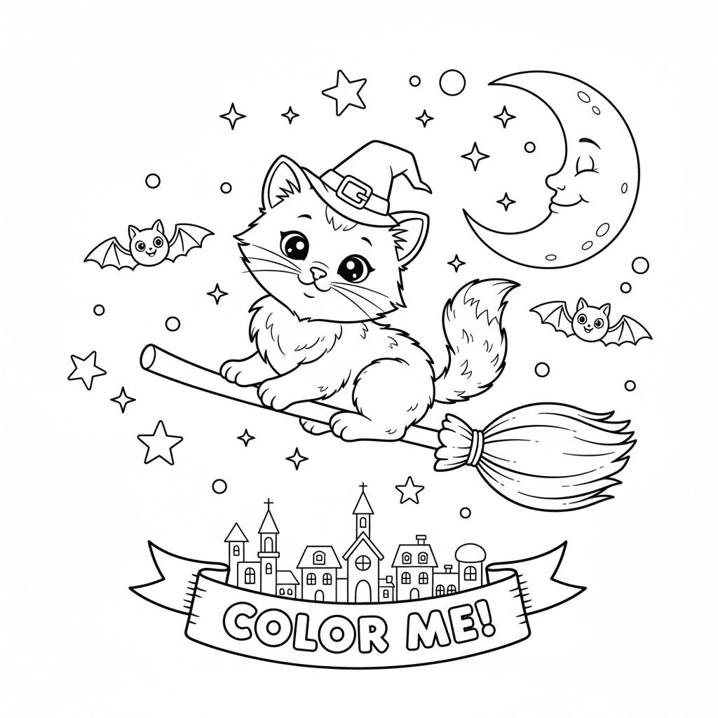 Black kitten on a broomstick