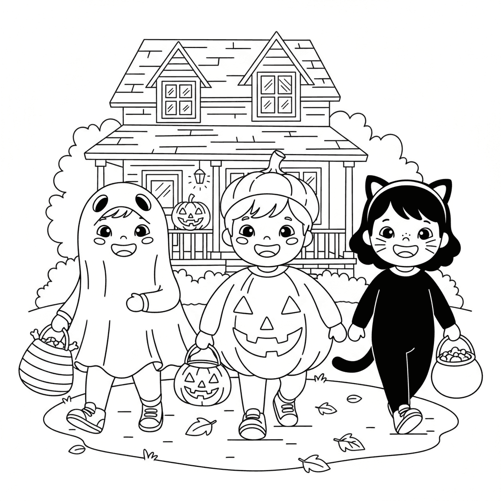 Trick-or-treat kids in costumes