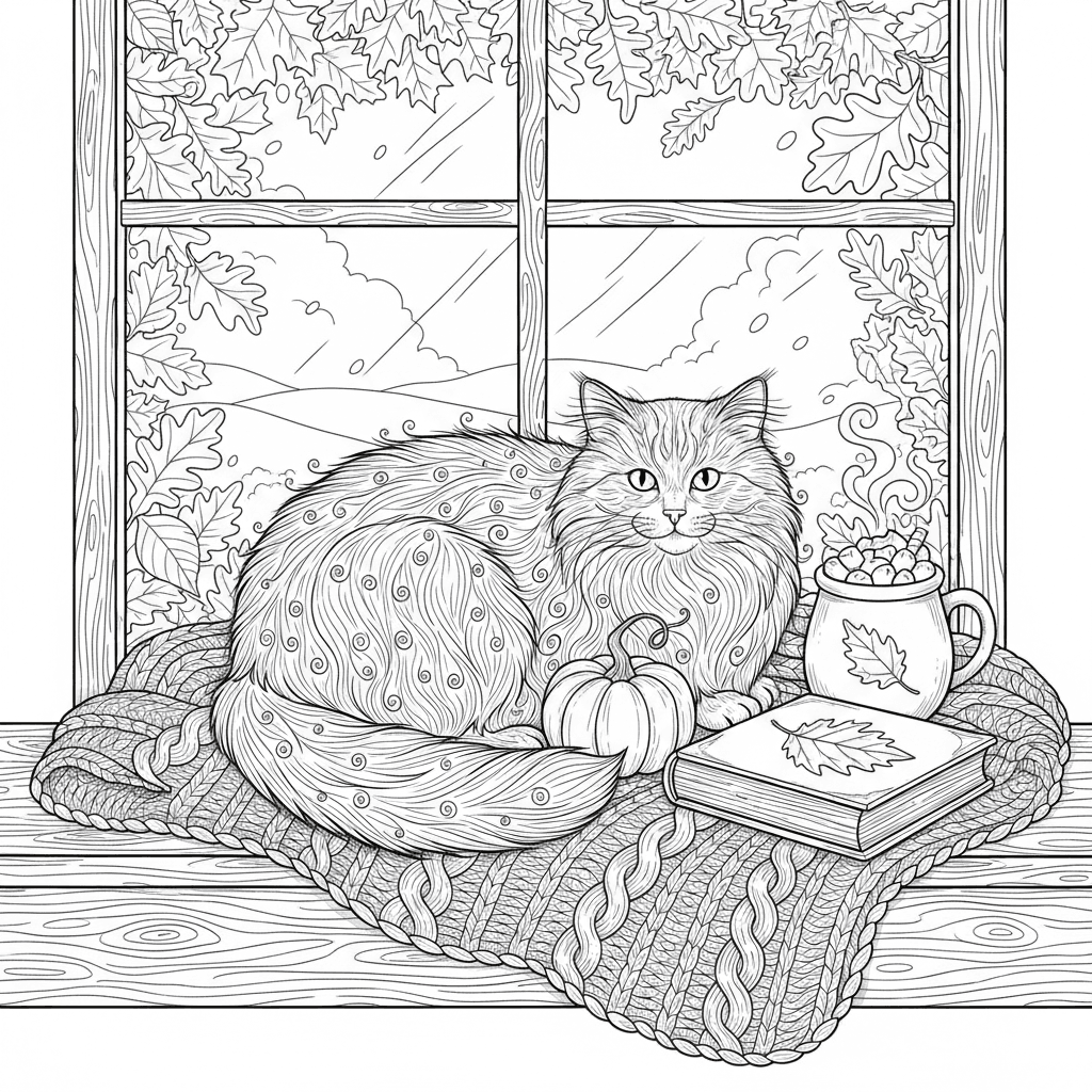Cozy black cat on a windowsill with a mug of cocoa