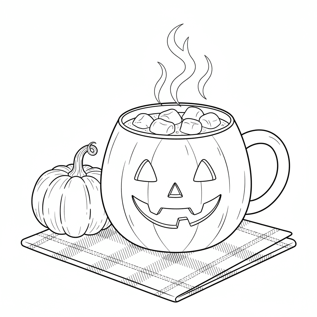 Cozy Halloween mug with a pumpkin and cocoa
