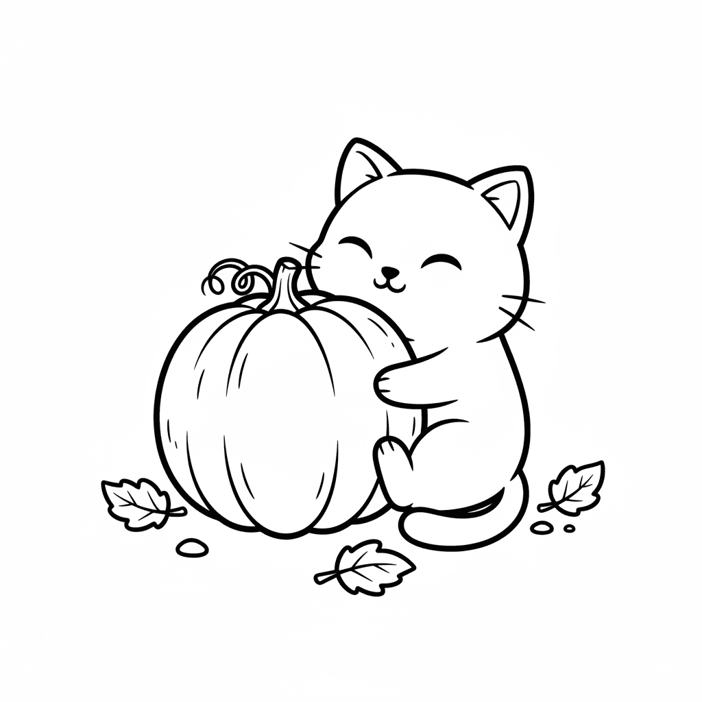 Little black cat hugging a pumpkin