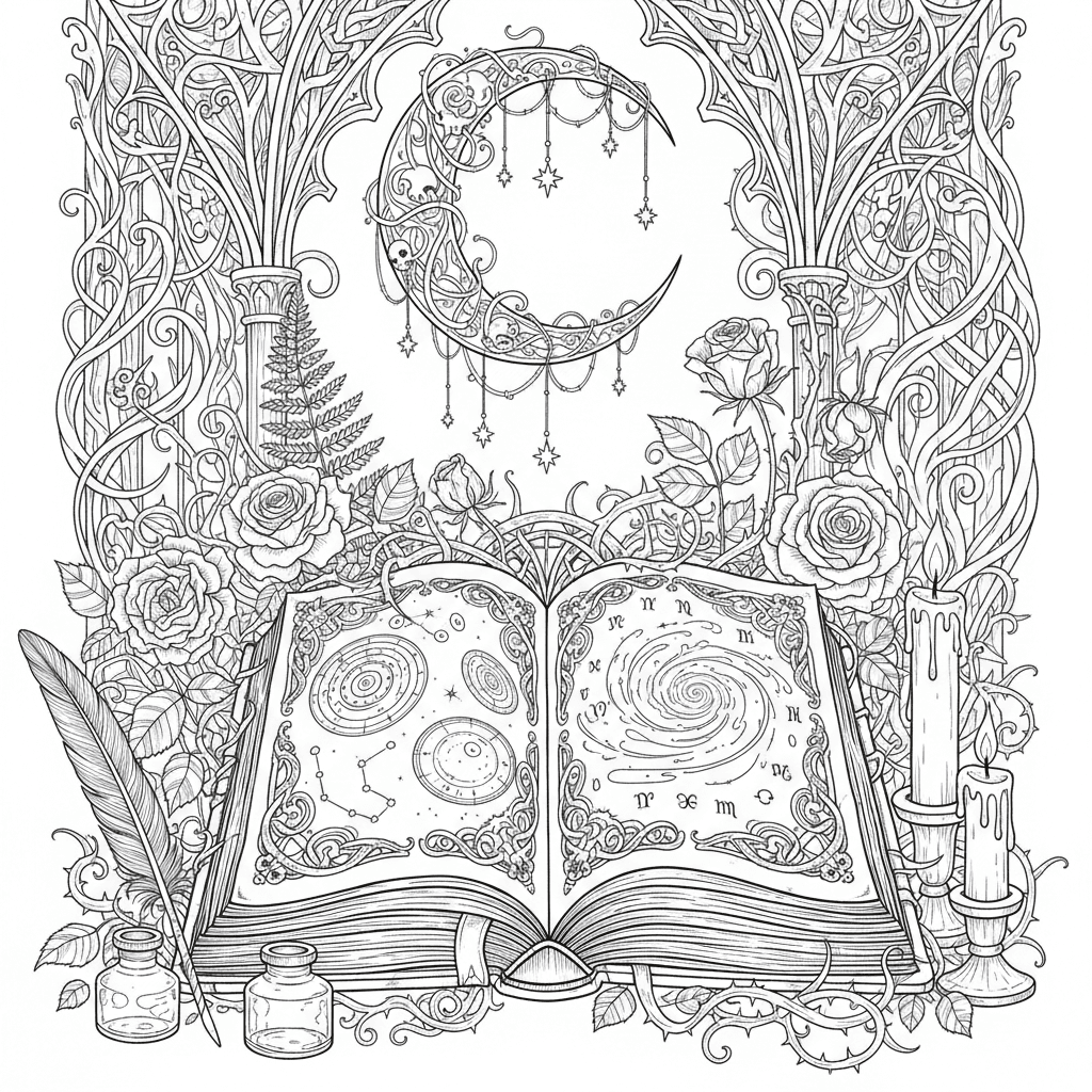 Open spell book with a crescent moon