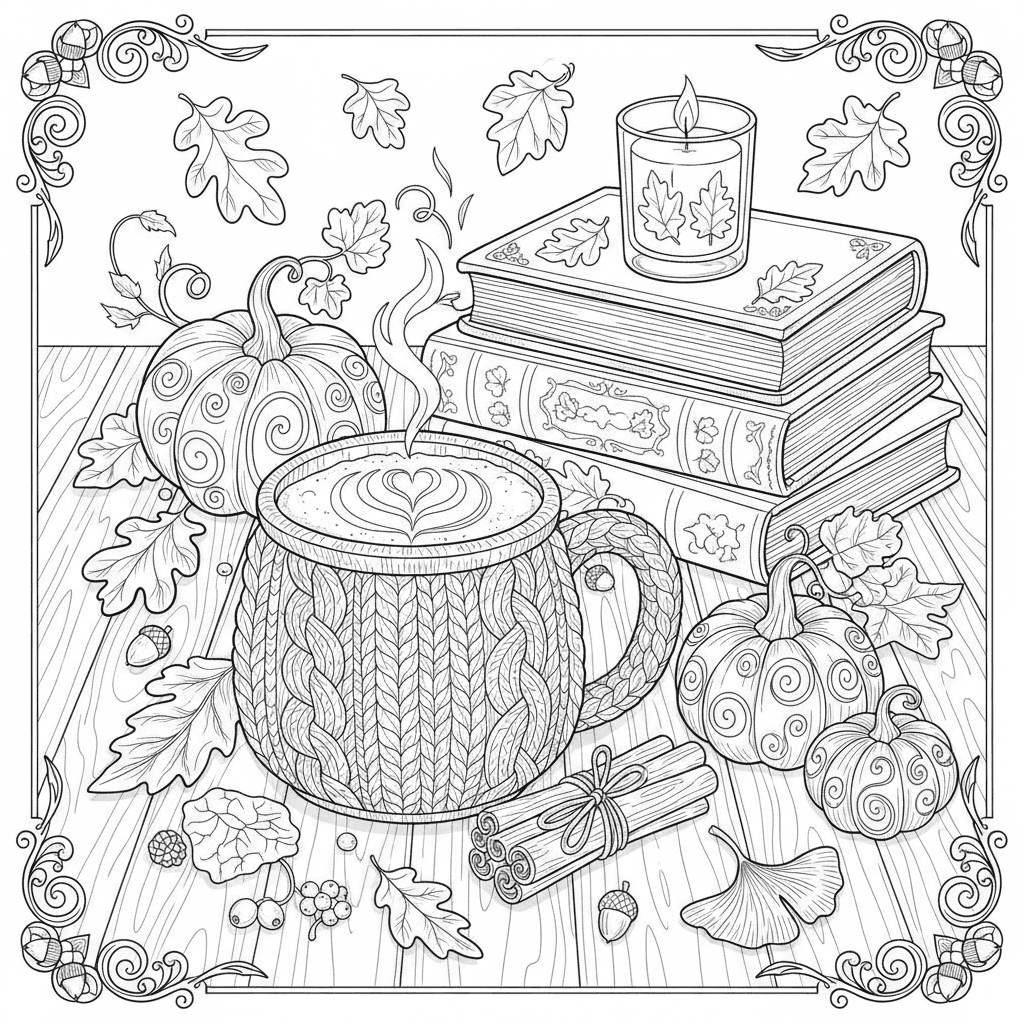 Pumpkin spice still life with a mug and candles