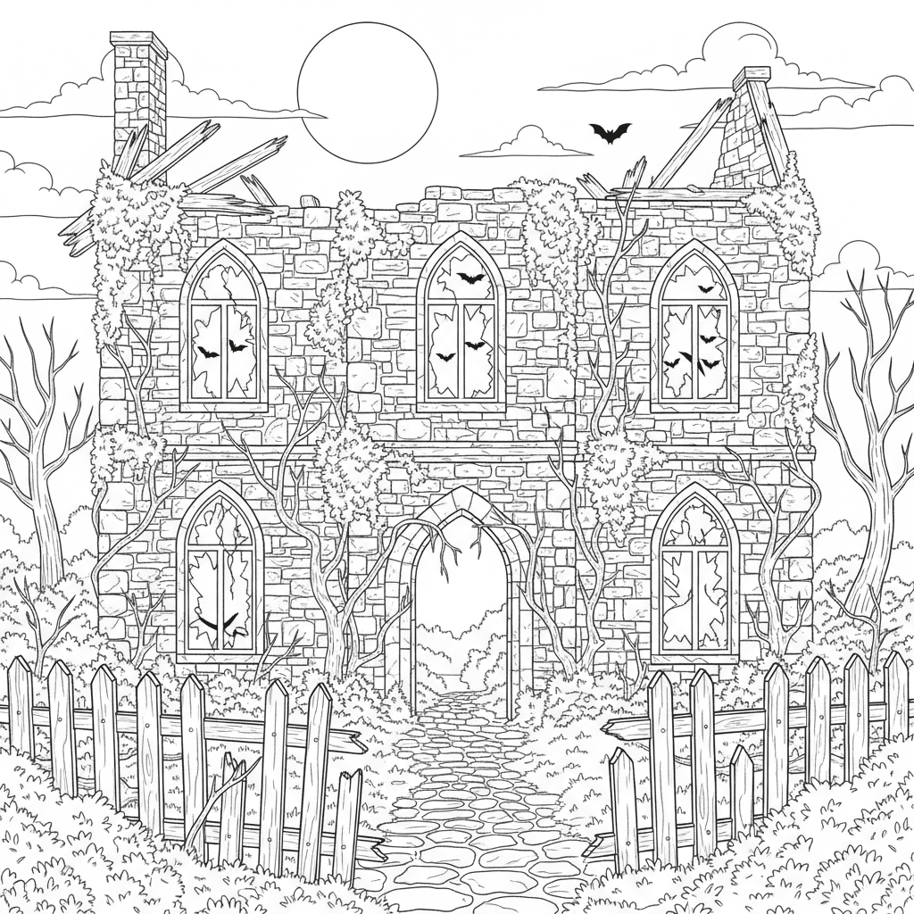 Haunted manor in ruins with bats