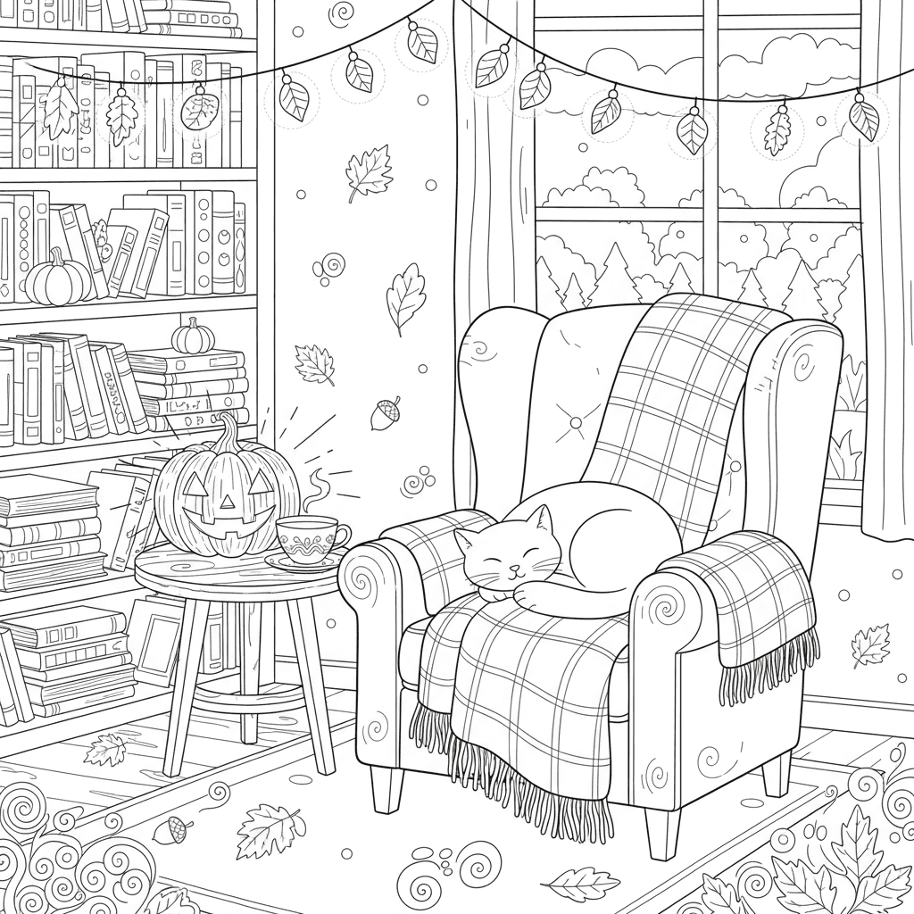 Cozy reading nook on Halloween night