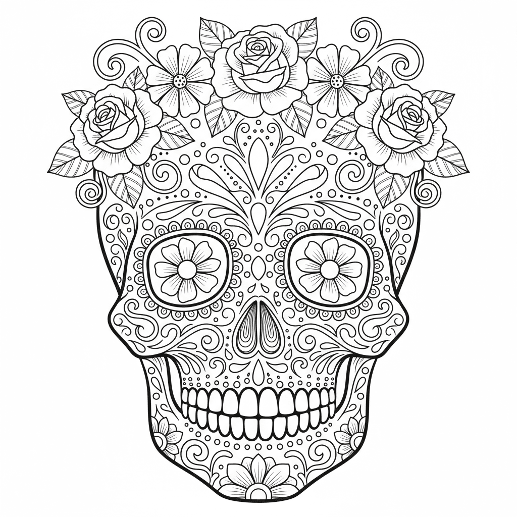 Sugar skull with roses and marigolds