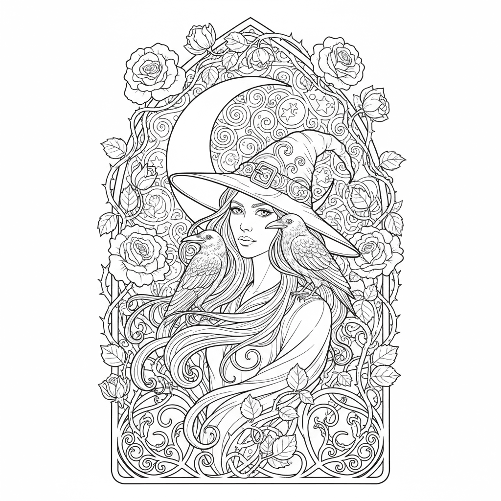 Gothic witch with a raven under a crescent moon
