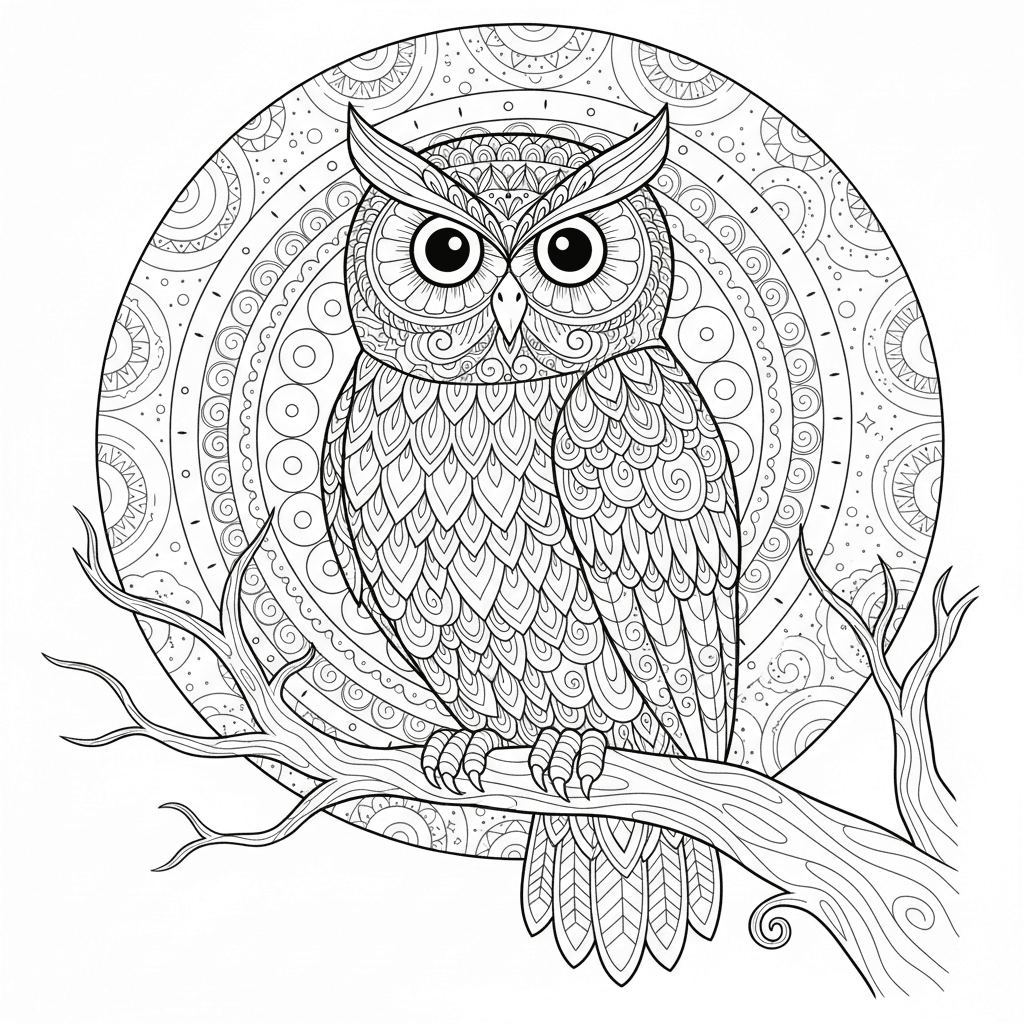 Zentangle owl under a full moon