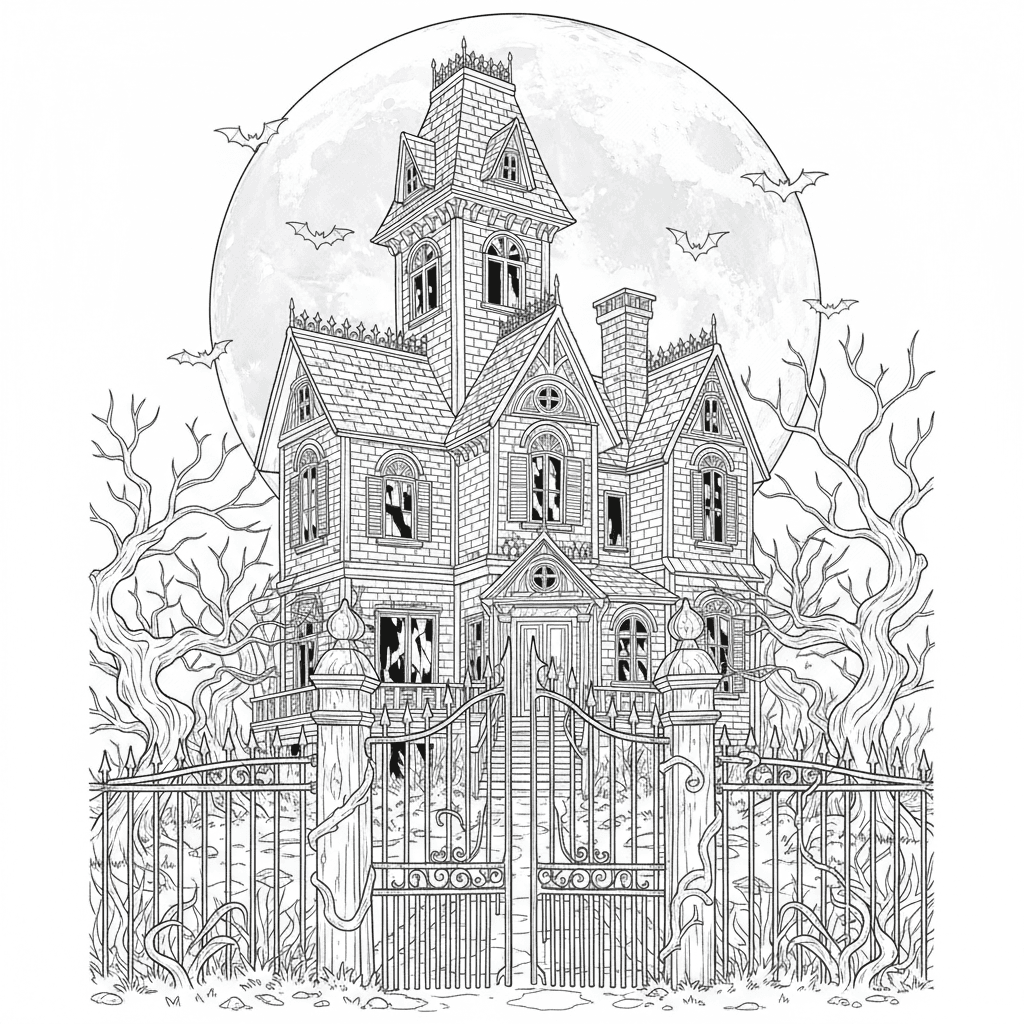 Victorian haunted mansion under a full moon