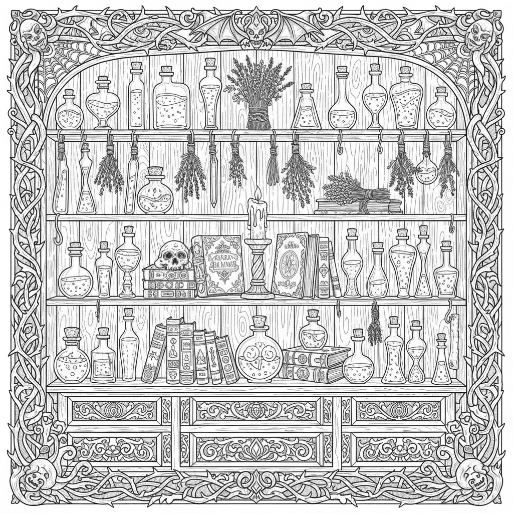 Apothecary shelf of potion bottles
