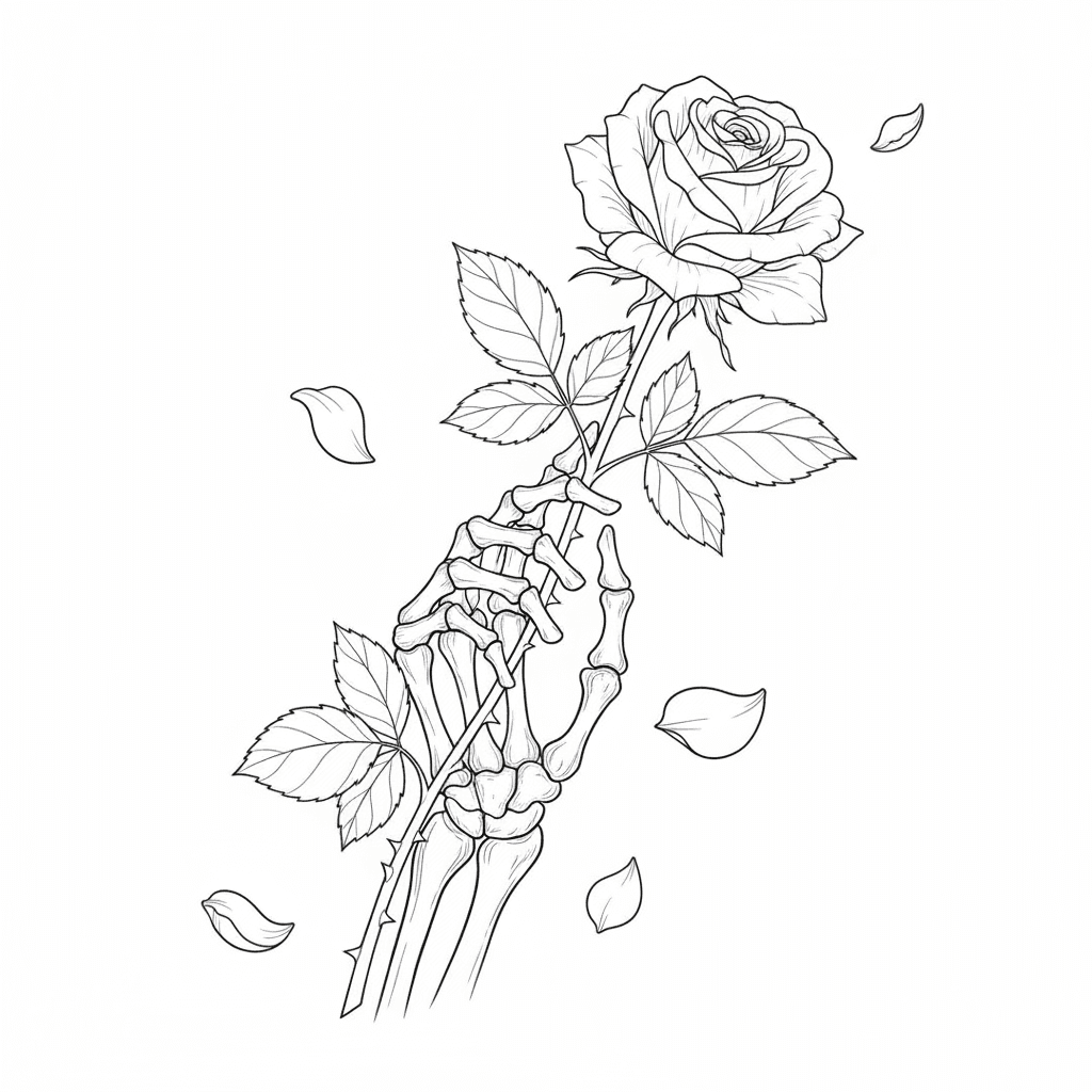 Skeleton hand holding a rose