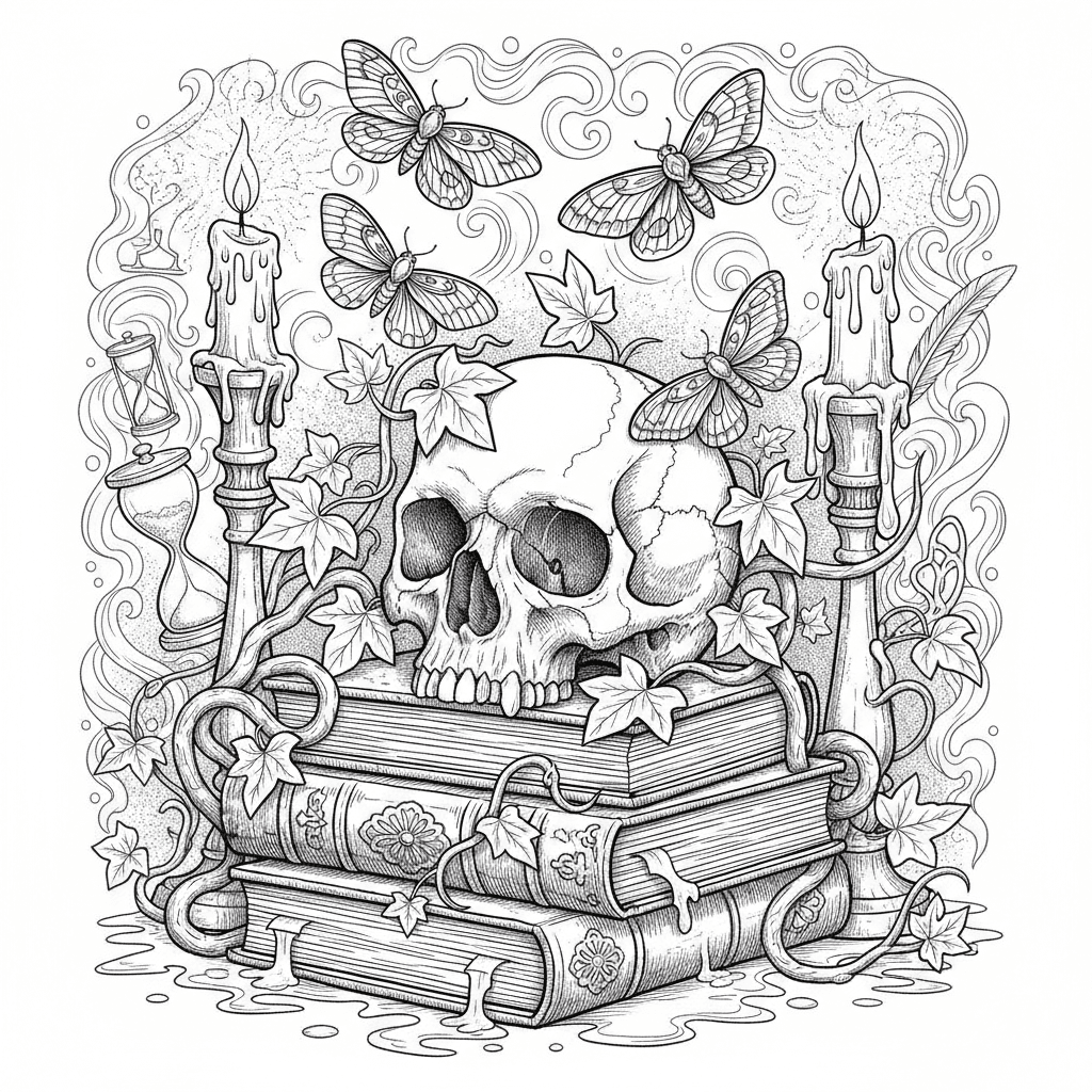Ornate skull with candles and moths