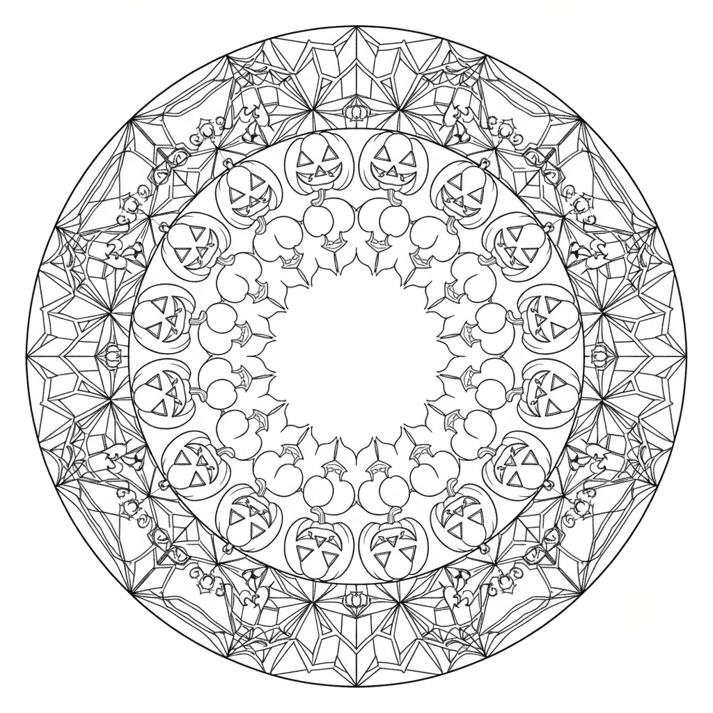 Halloween mandala with bats and pumpkins