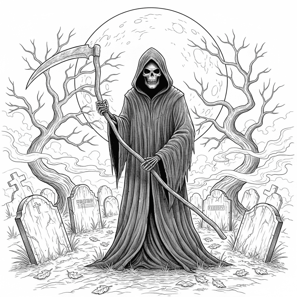 Grim reaper in a misty cemetery