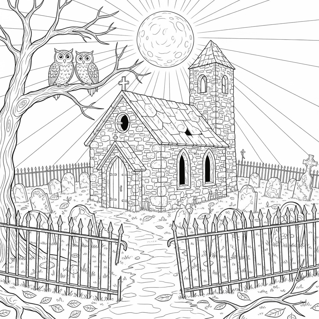 Abandoned chapel in a moonlit graveyard