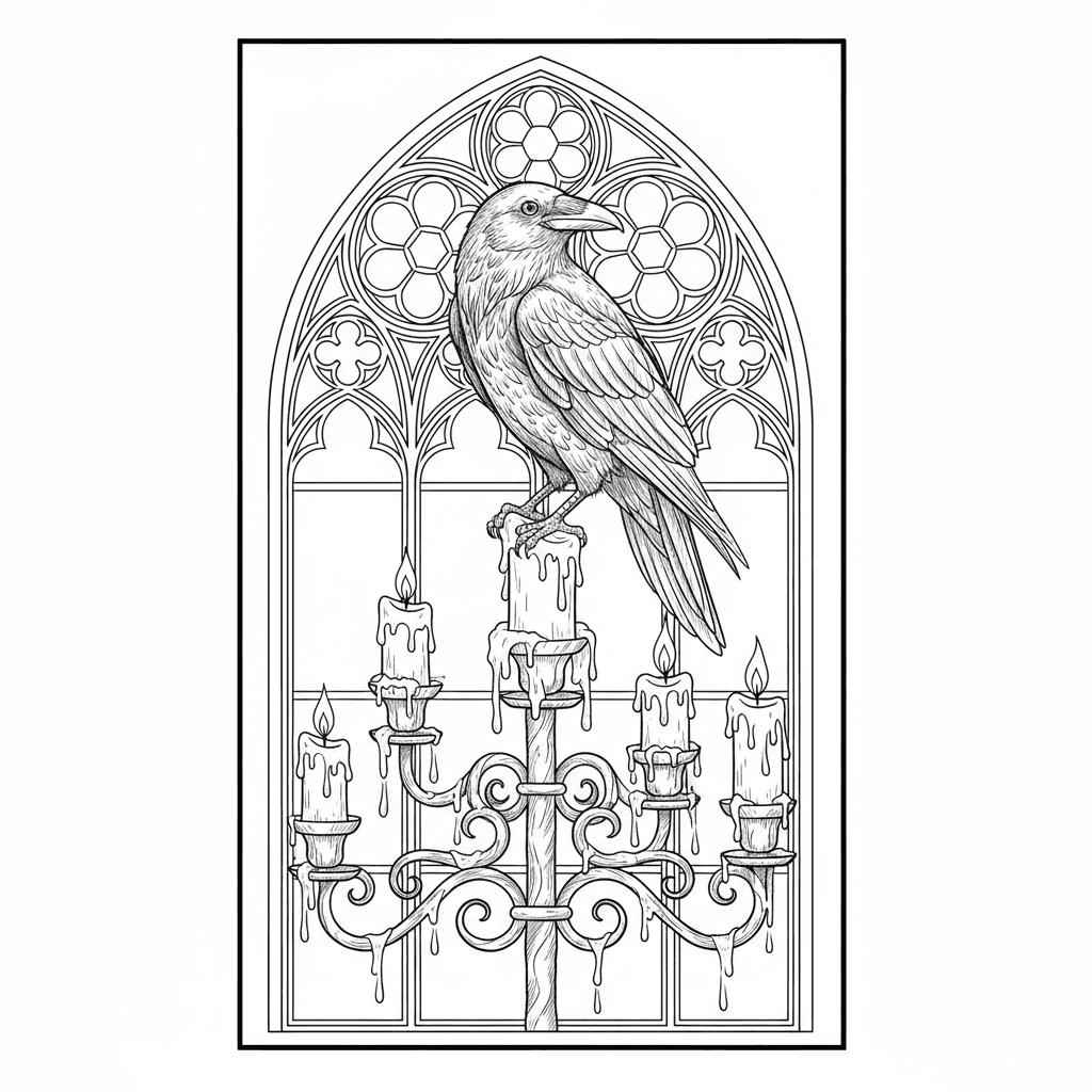 Raven perched on a gothic candelabra