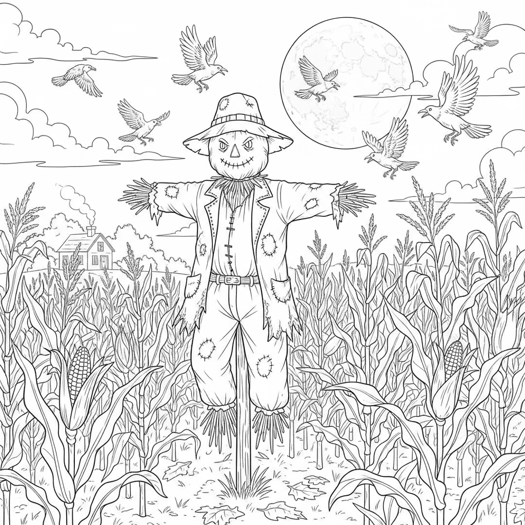 Moonlit cornfield with a scarecrow and crows