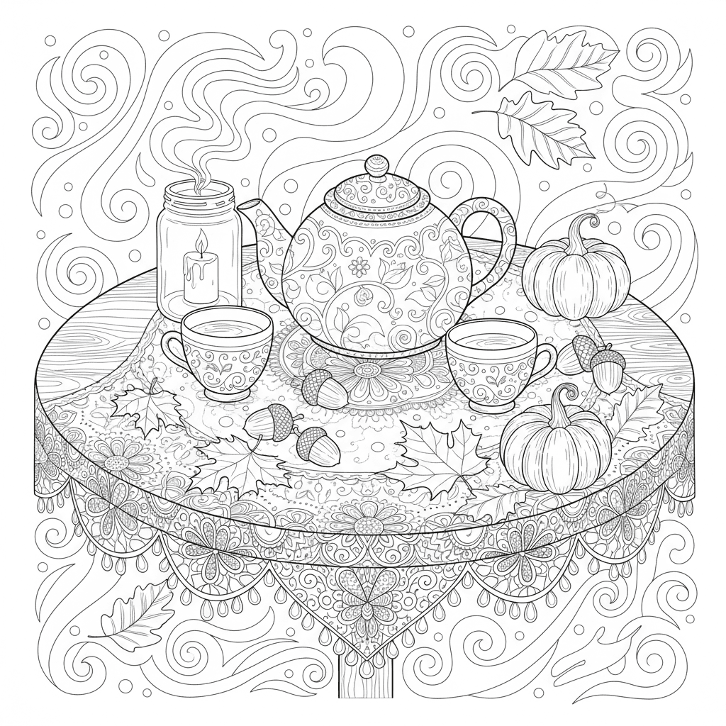 Autumn tea table with a candle and acorns