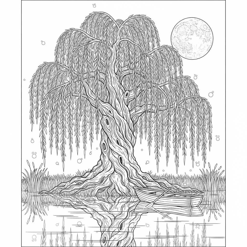 Old willow over a misty pond at night