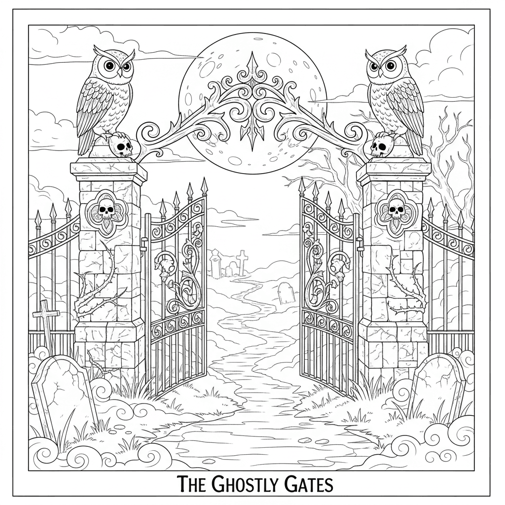 Moonlit graveyard gate with owls