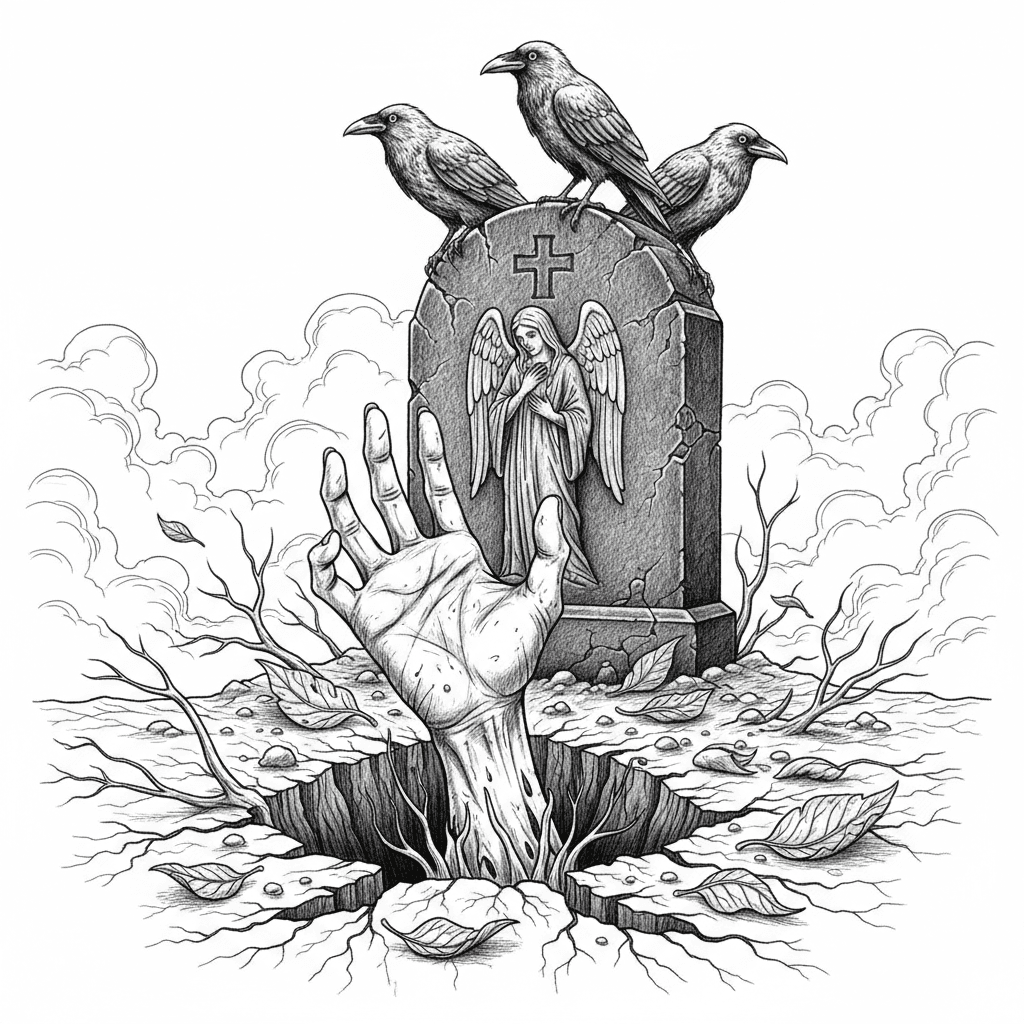 Zombie hand rising from a grave