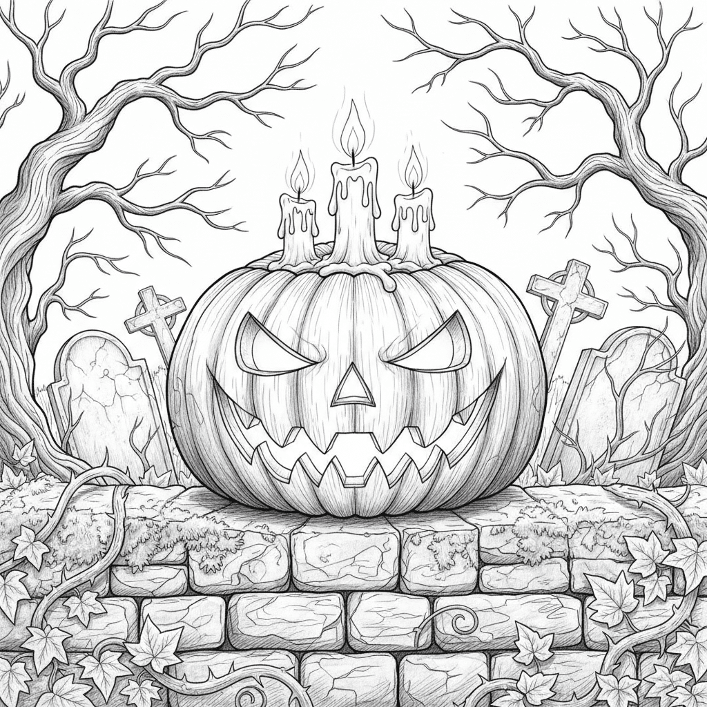 Snarling jack-o'-lantern on a graveyard wall