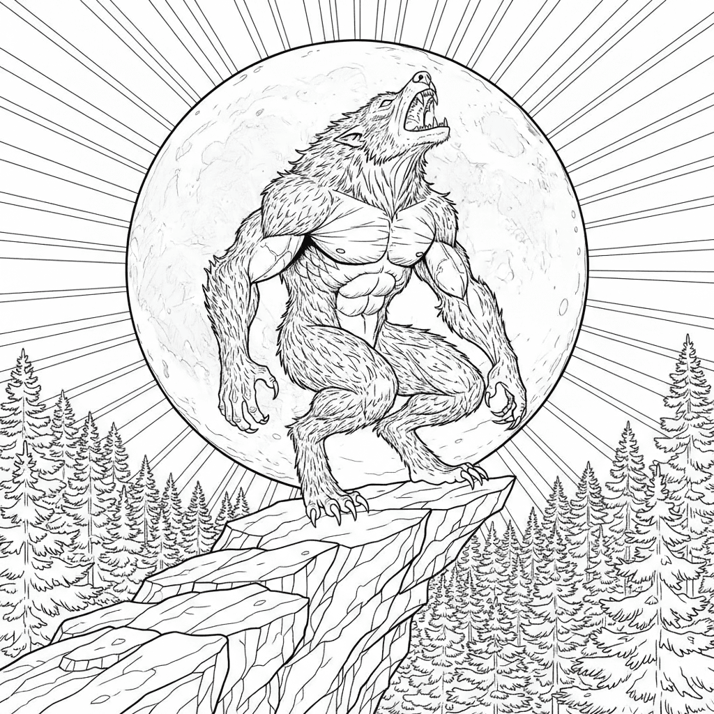 Werewolf howling on a cliff at full moon