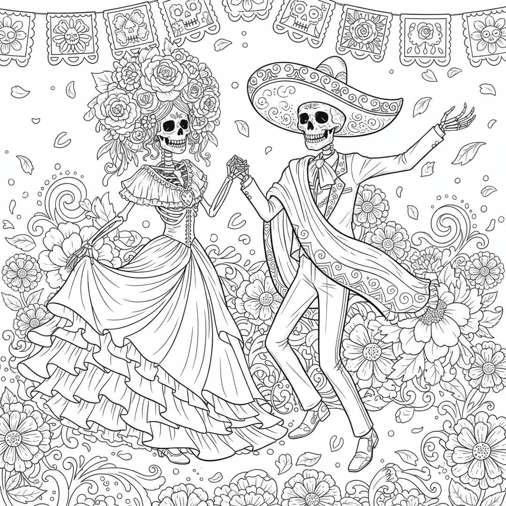 Day of the Dead skeleton couple dancing